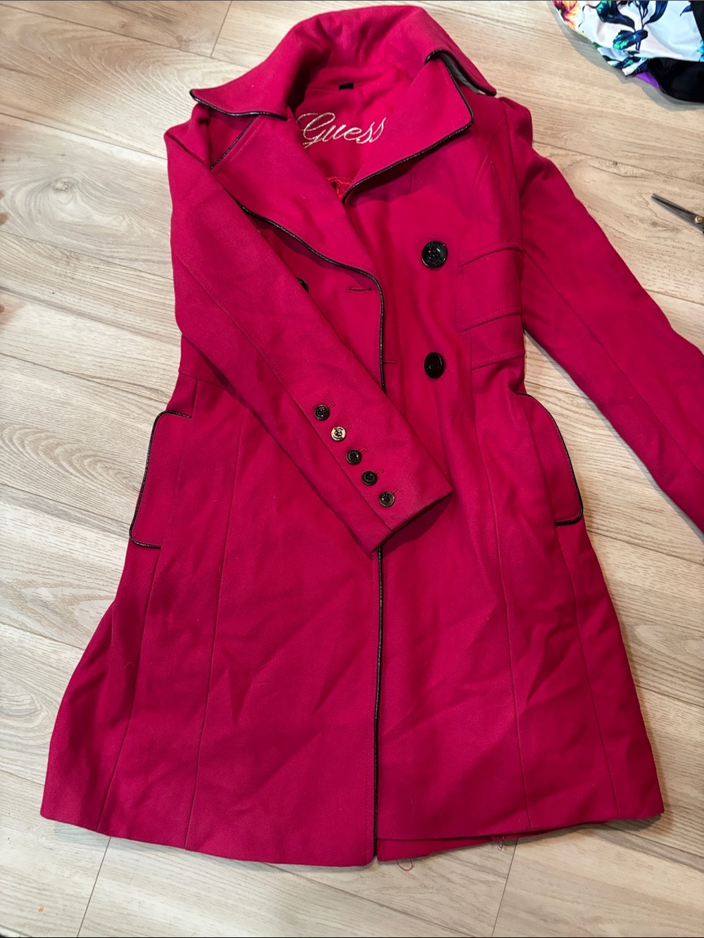 Guess Wool Blend Fuchsia Double-Breasted Trench Coat with Contrast Piping